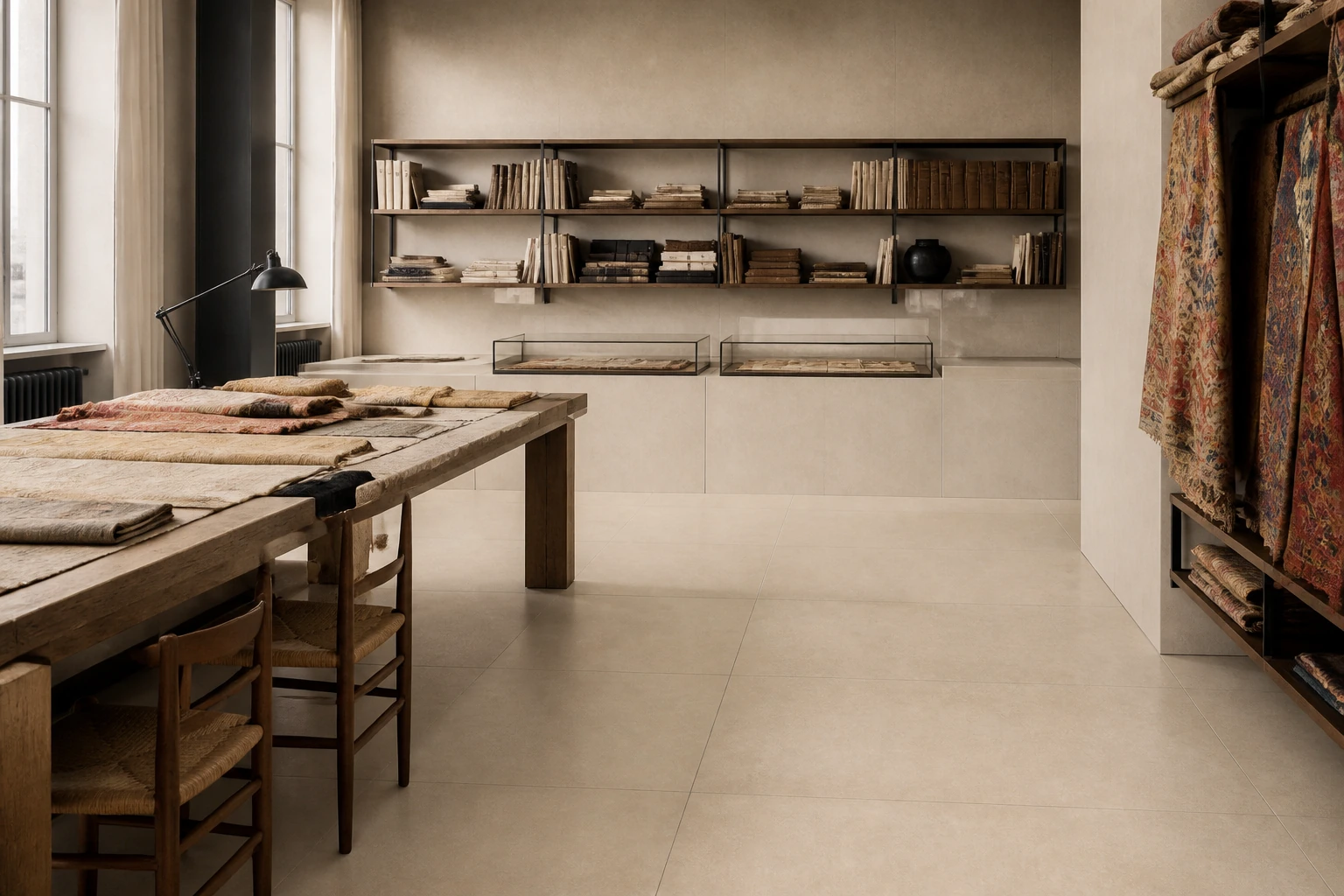 Terrae – Beige antibacterial porcelain tile used in textile archive showroom