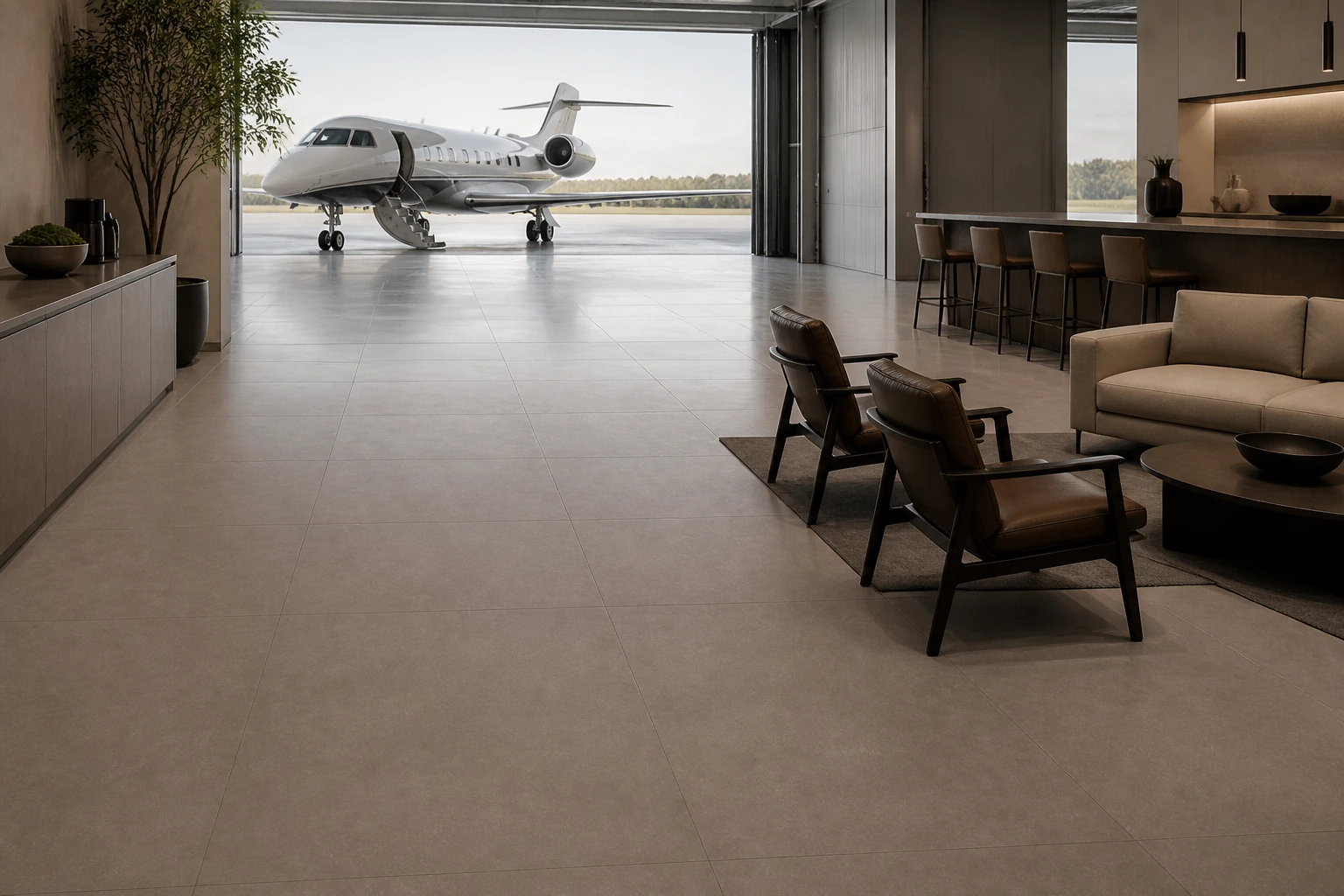 Terrae – Tabacco antibacterial porcelain tile used in aviation hangar lounge