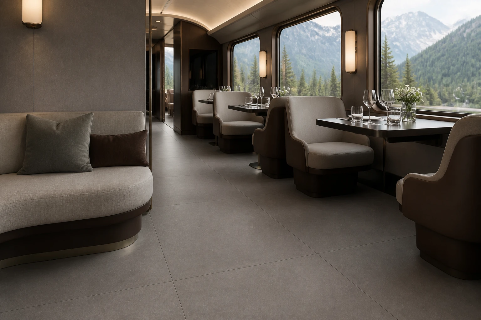 Terrae – Tabacco antibacterial porcelain tile used in mountain railway dining