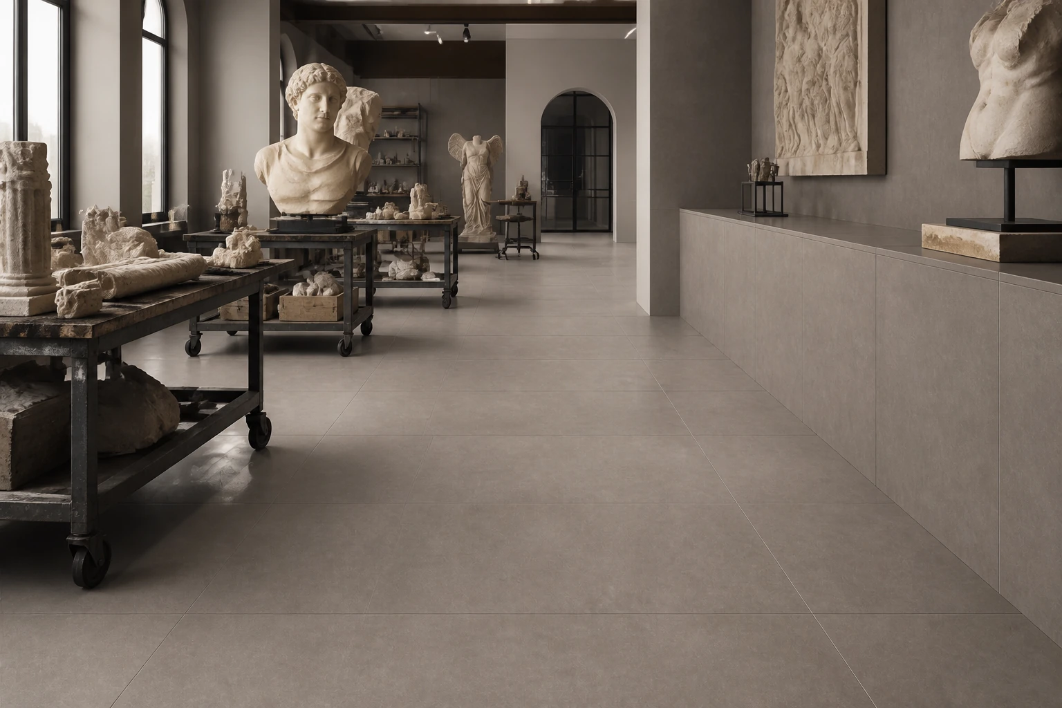 Terrae – Tabacco antibacterial porcelain tile used in sculpture restoration workshop