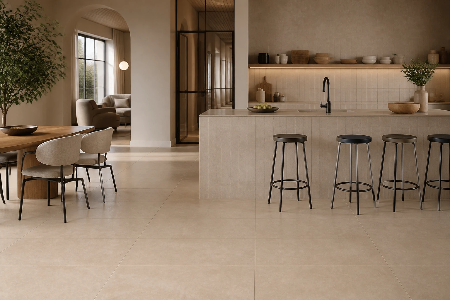 Terrae – Tortora antibacterial porcelain tile used in coliving club kitchen