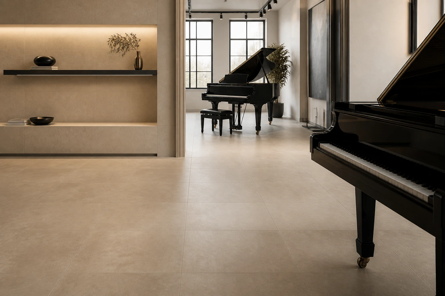 Terrae – Tortora antibacterial porcelain tile used in piano showroom
