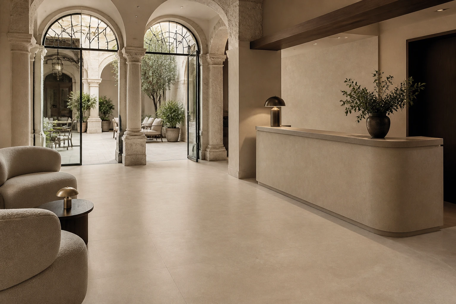 Terrae – Tortora antibacterial porcelain tile used in fashion hotel reception