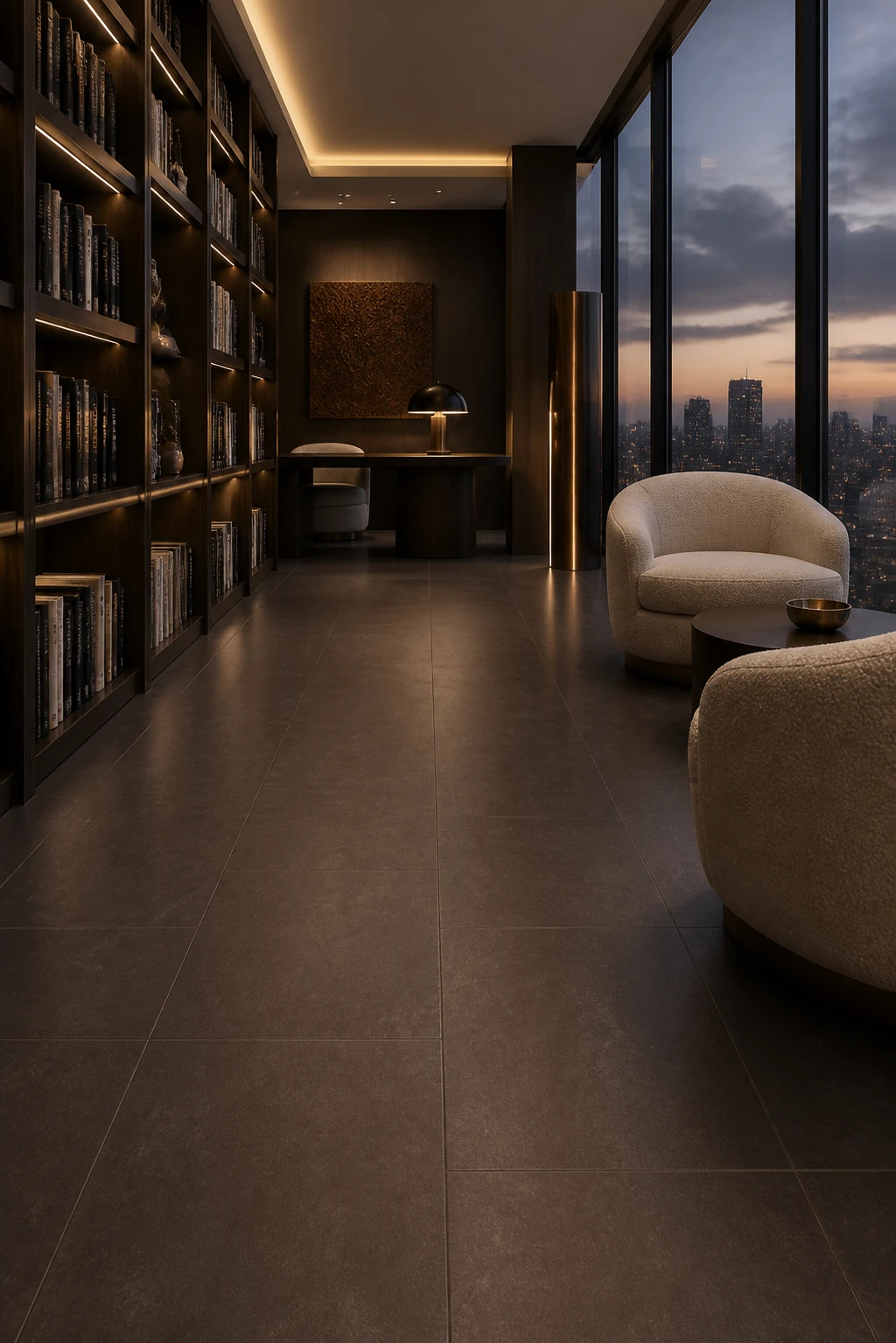 Timeless – Charcoal porcelain tile in penthouse library at dusk