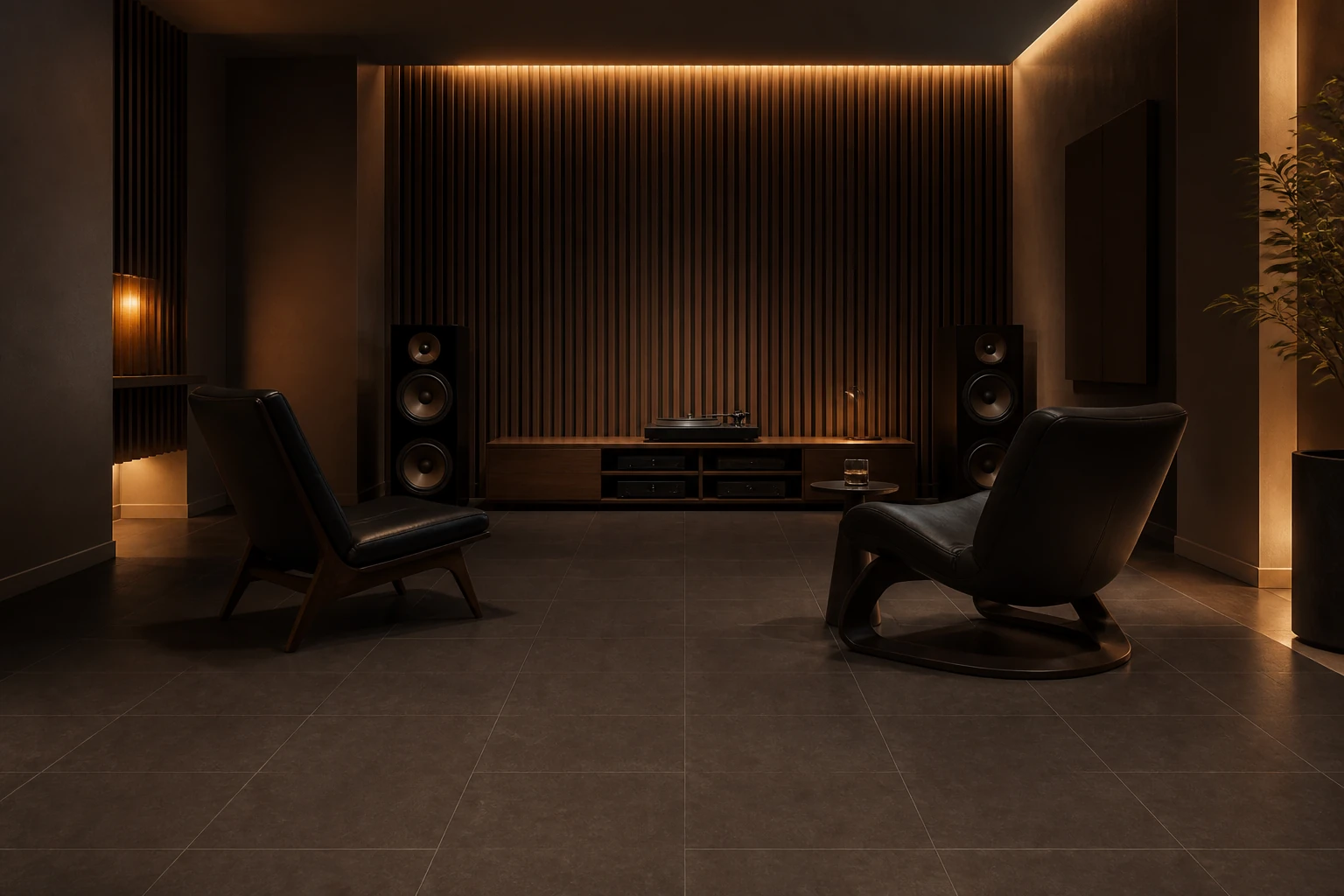 Timeless – Charcoal porcelain tile in audiophile listening room