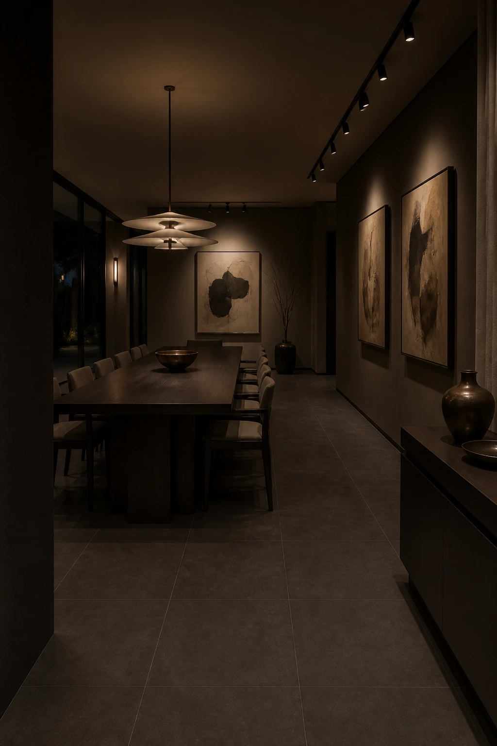 Timeless – Charcoal porcelain tile in art collectors dining gallery
