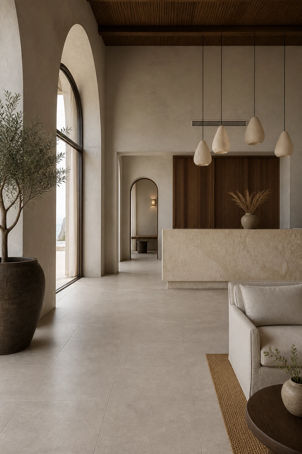 Timeless – Taupe porcelain tile in mediterranean boutique hotel lobby