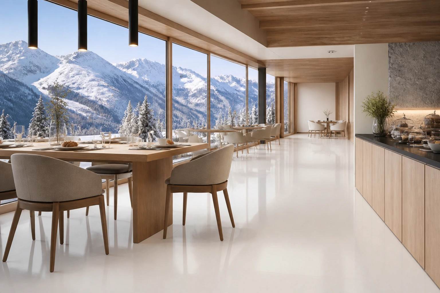 Unicolore – Bianco Assoluto antibacterial porcelain tile used in alpine hotel skybridge salon