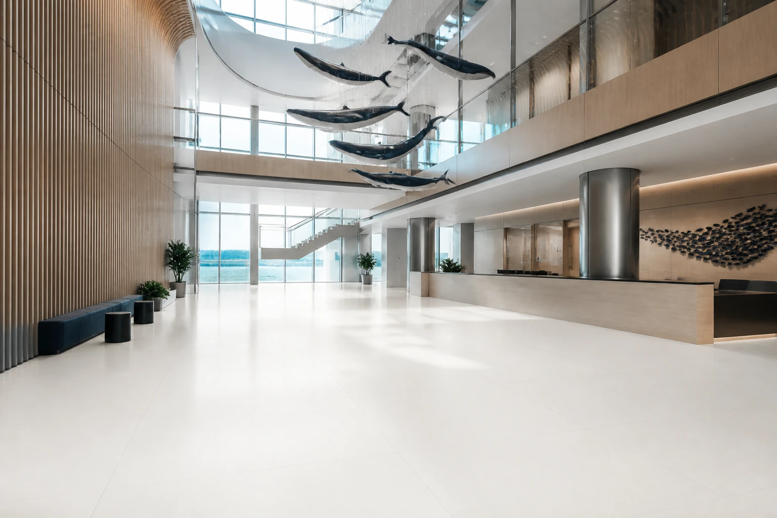 Unicolore – Bianco Assoluto antibacterial porcelain tile used in marine research atrium