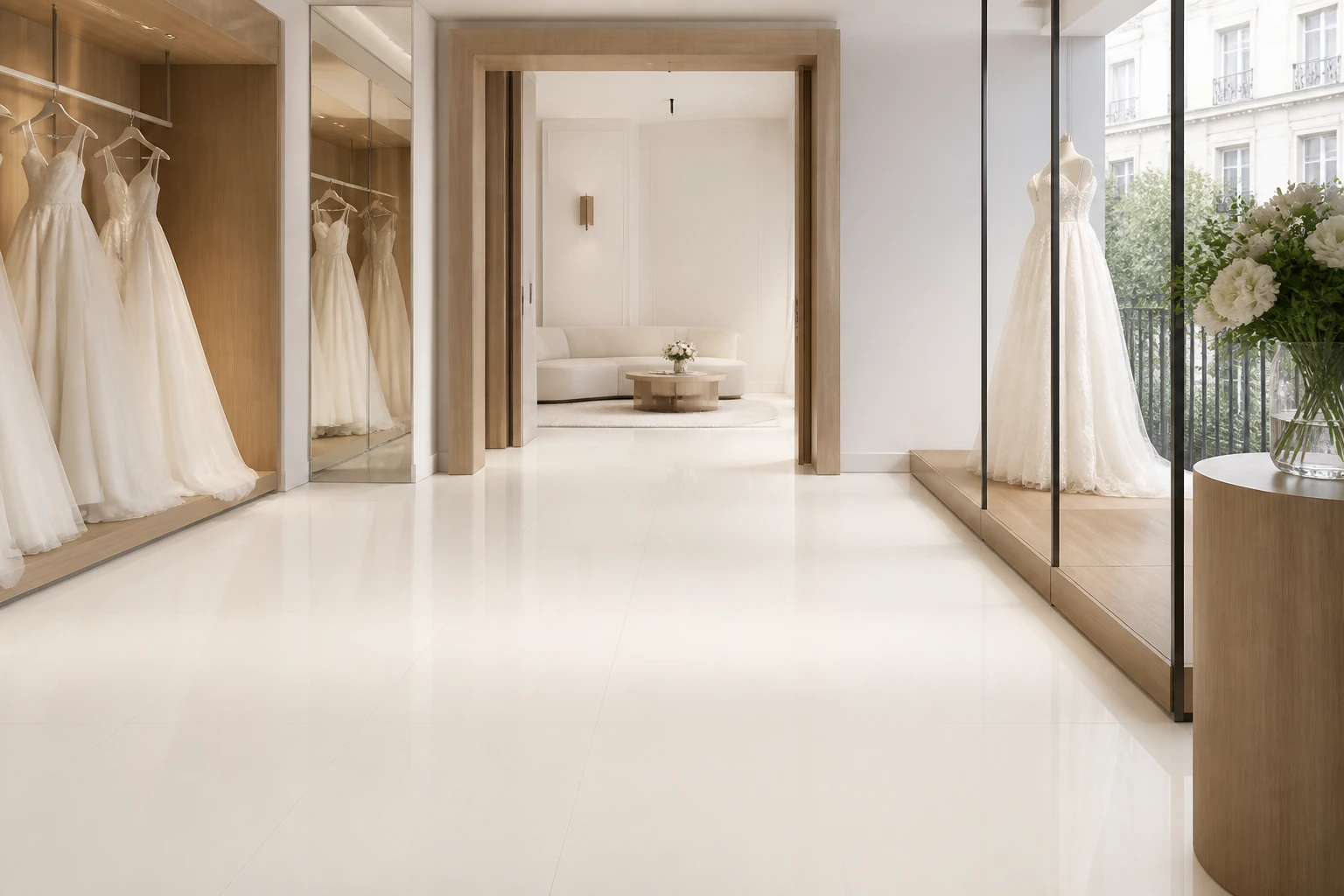 Unicolore – Bianco Assoluto antibacterial porcelain tile used in bridal maison fitting salon