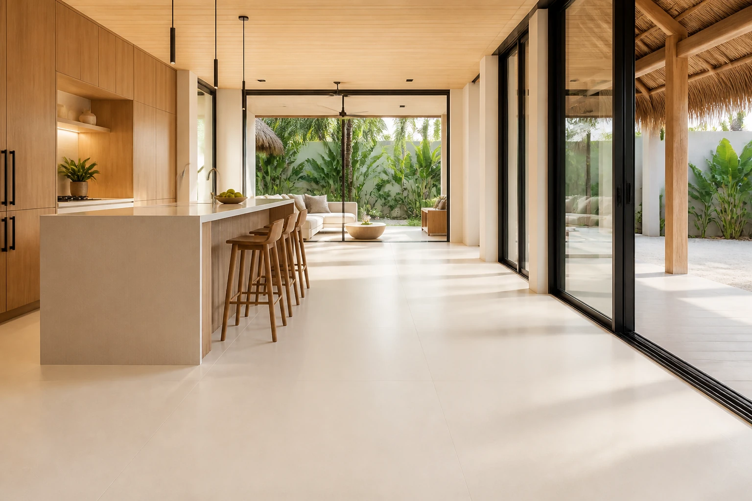 Unicolore – Bianco Assoluto antibacterial porcelain tile used in island villa gallery kitchen