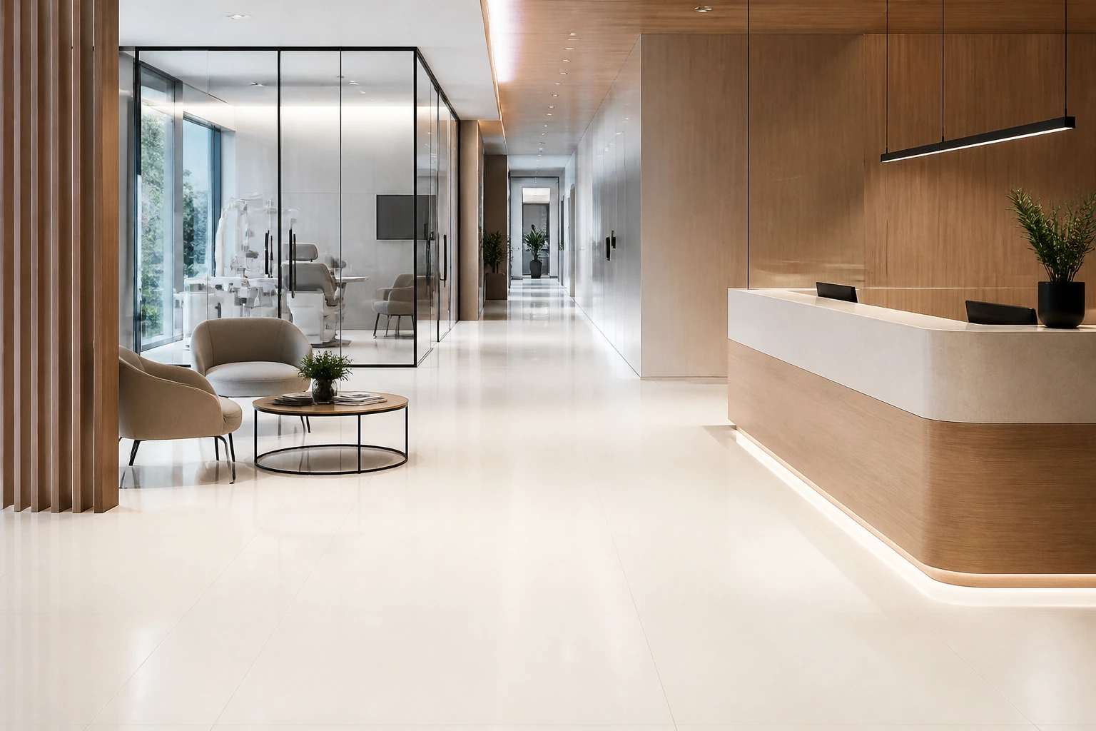 Unicolore – Bianco Assoluto antibacterial porcelain tile used in dental innovation reception