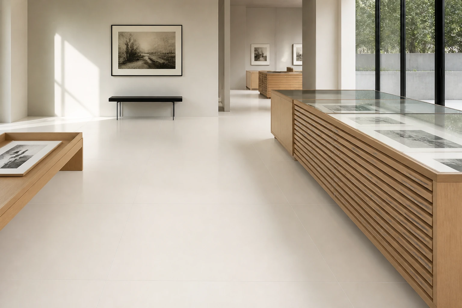 Unicolore – Bianco Assoluto antibacterial porcelain tile used in photography archive viewing room