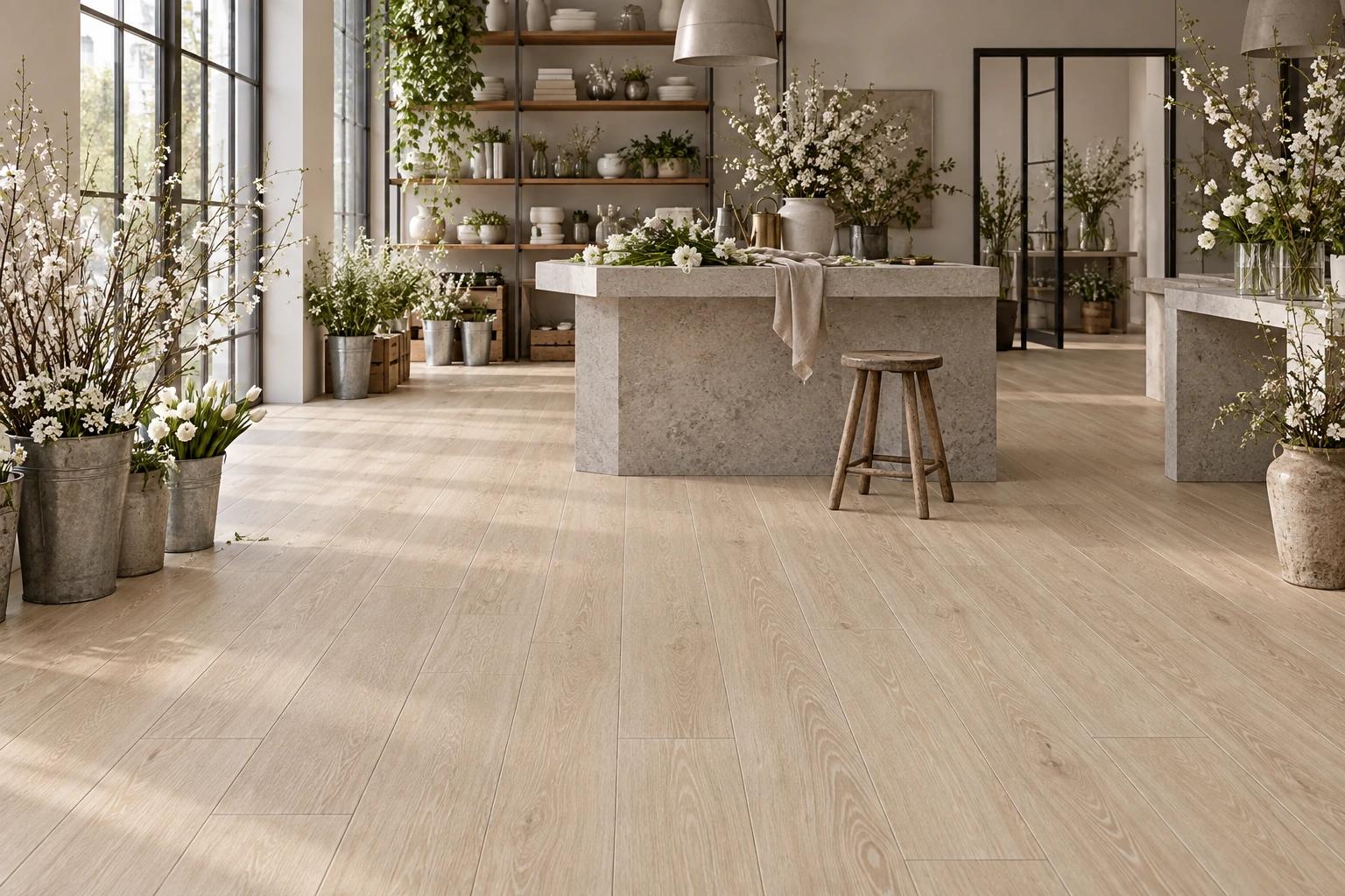 English Wood – Cheshire wood-look porcelain tile used in floral design studio