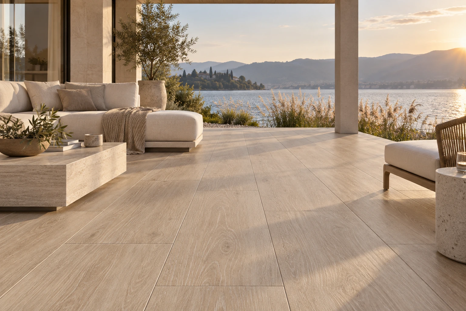 English Wood – Cheshire wood-look porcelain tile used in lakefront covered terrace