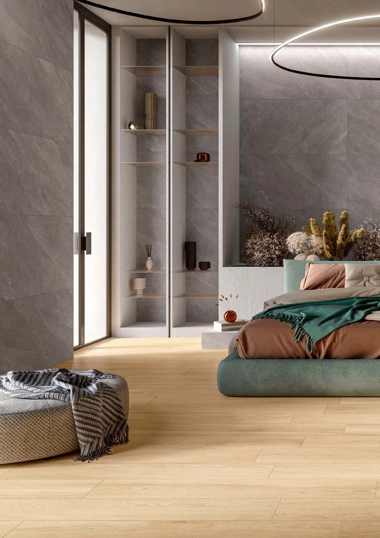 English Wood – Dean wood-look porcelain tile used in catalogue bedroom