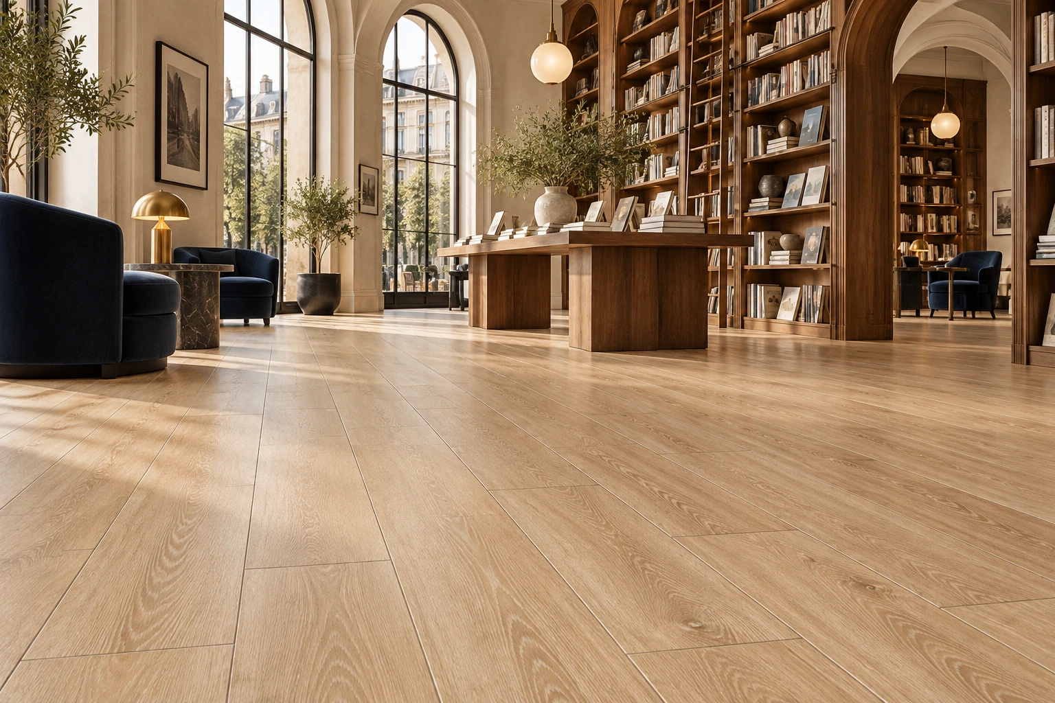English Wood – Dean wood-look porcelain tile used in grand bookshop reading hall