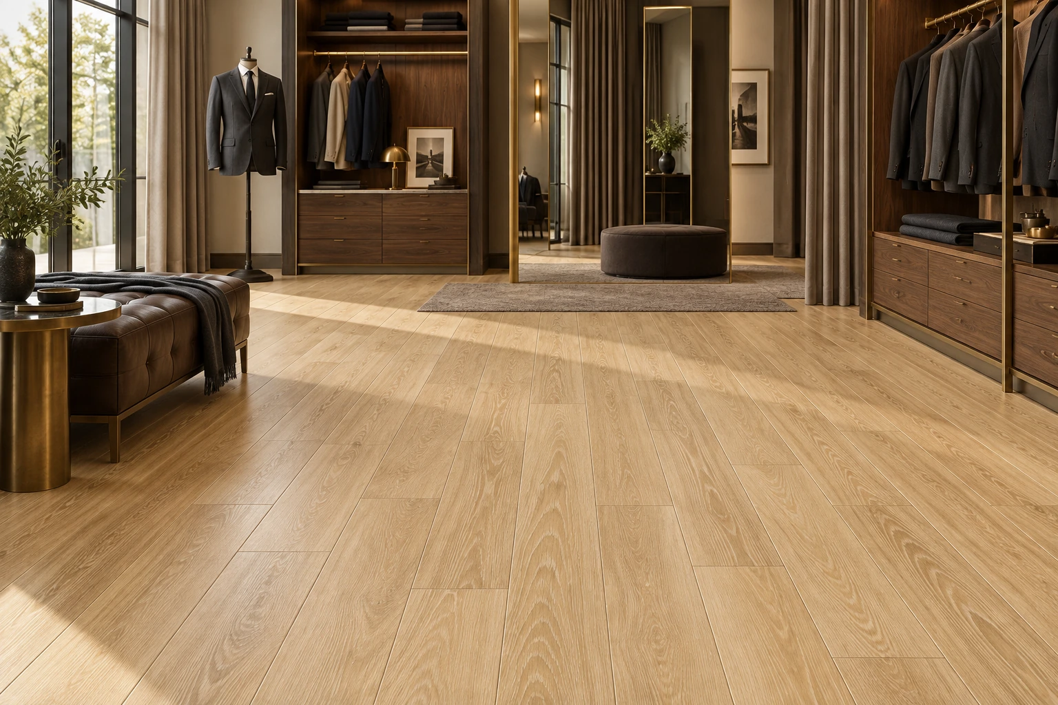 English Wood – Dean wood-look porcelain tile used in bespoke menswear atelier
