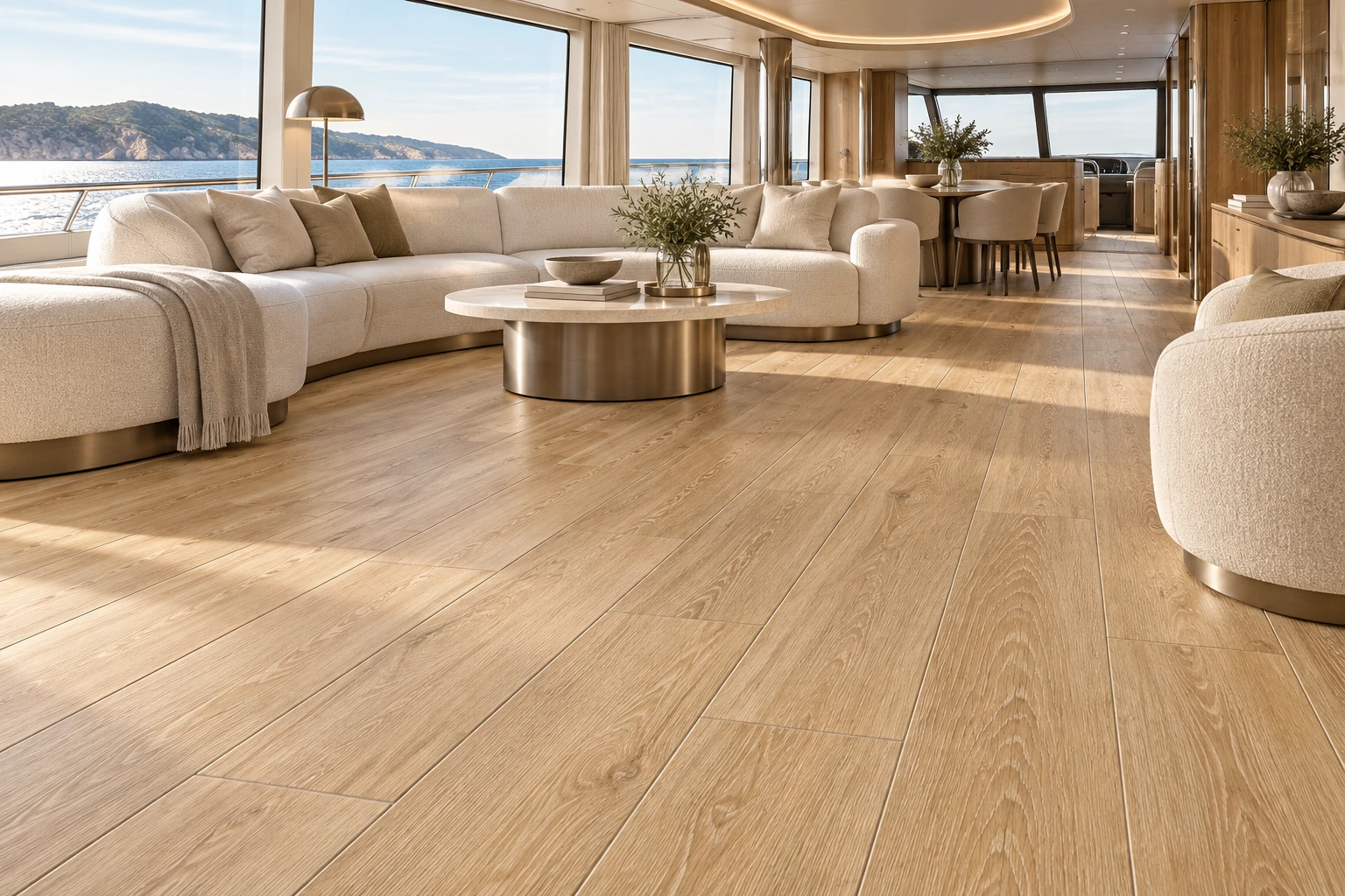 English Wood – Dean wood-look porcelain tile used in private yacht salon