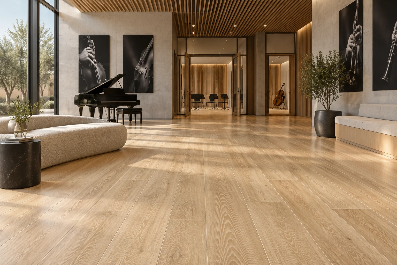 English Wood – Dean wood-look porcelain tile used in contemporary music academy foyer