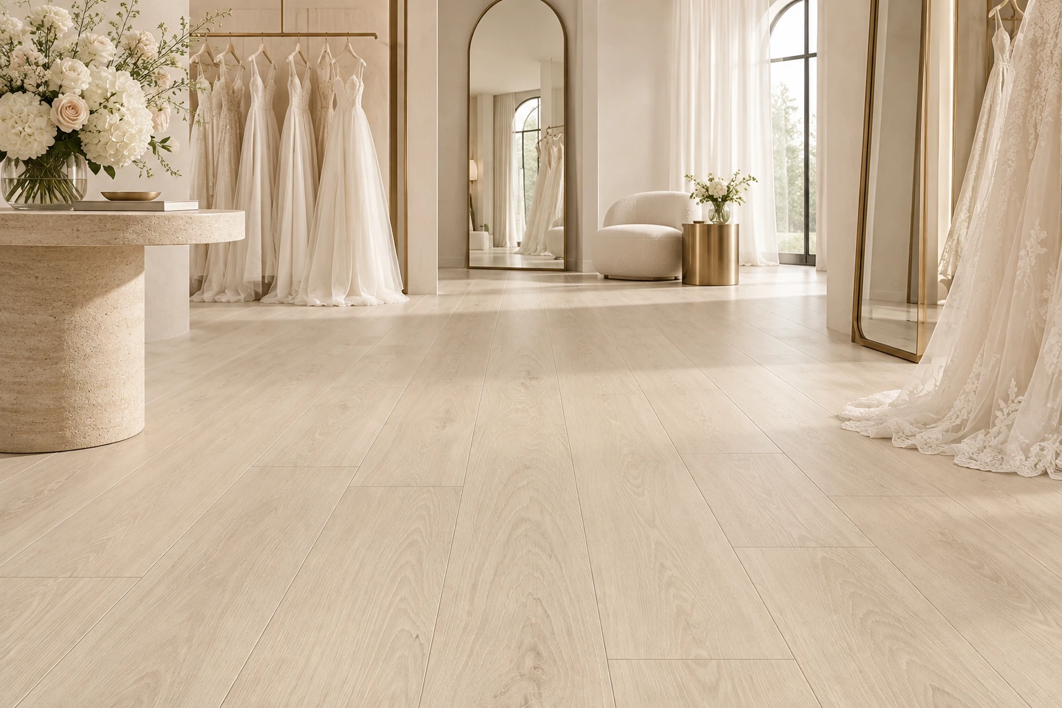 English Wood – Galloway wood-look porcelain tile used in bridal couture atelier