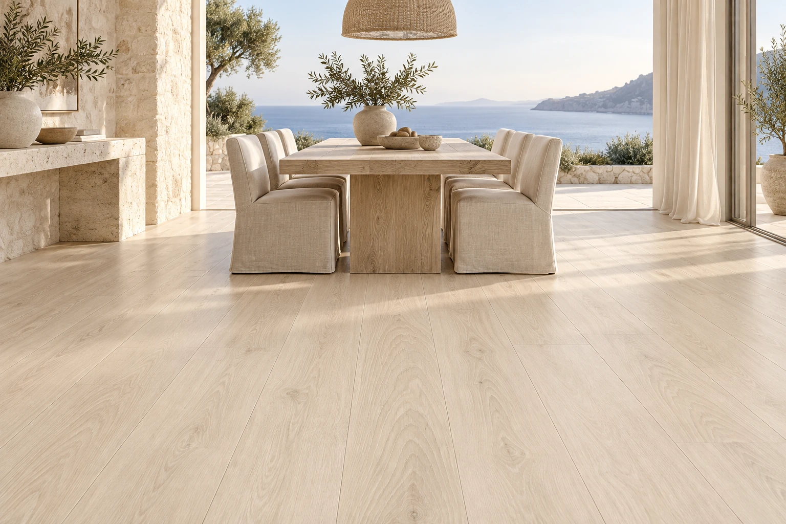 English Wood – Galloway wood-look porcelain tile used in coastal retreat dining pavilion