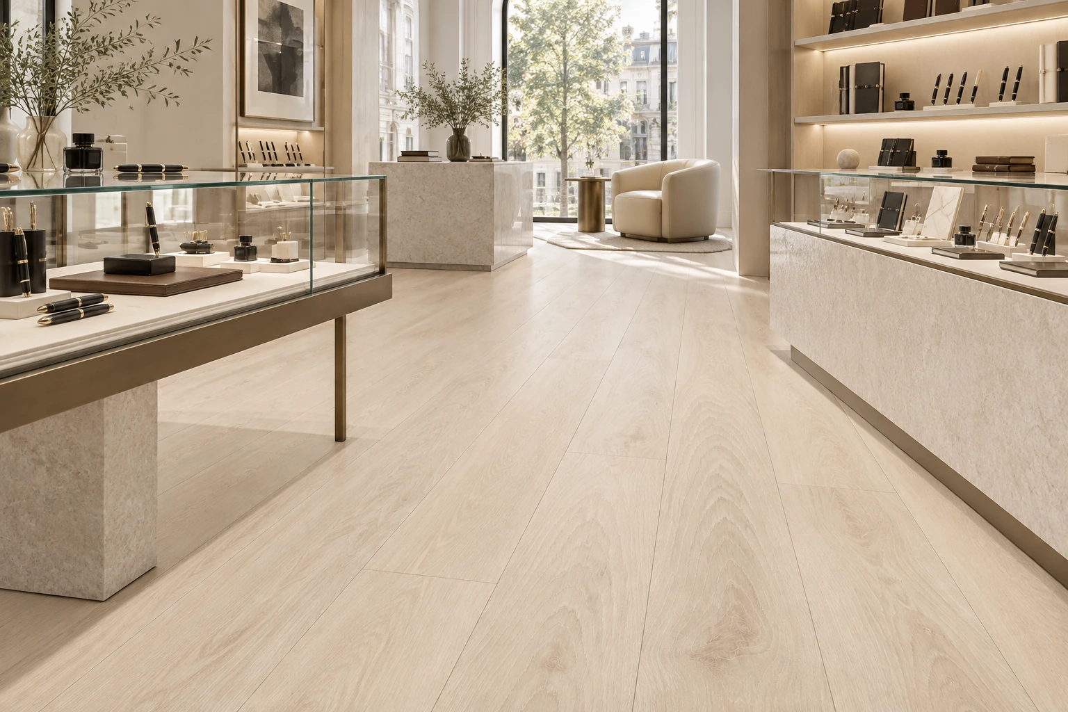 English Wood – Galloway wood-look porcelain tile used in fountain pen and stationery showroom