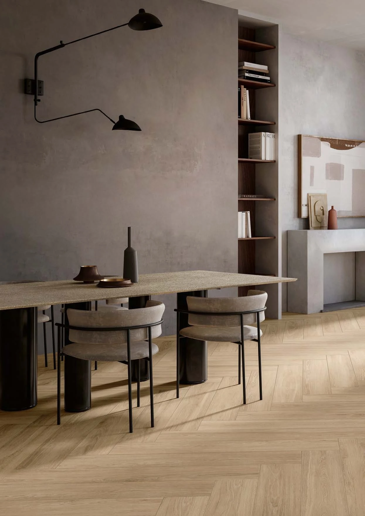 English Wood – Snowdonia wood-look porcelain tile used in catalogue living and dining room