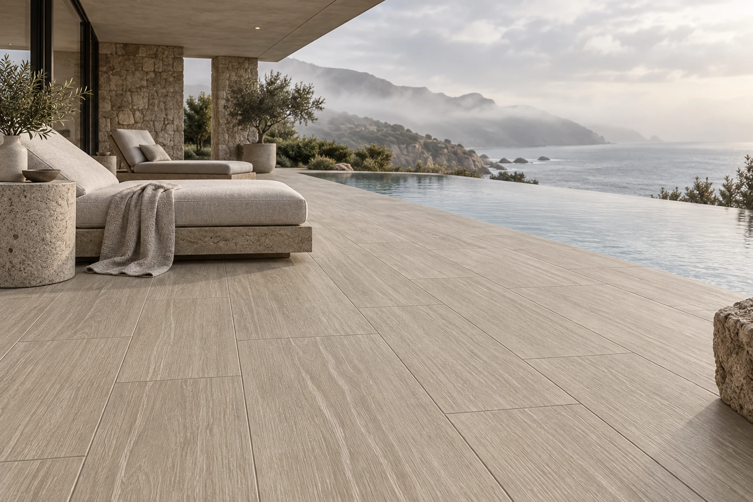 English Wood – Snowdonia wood-look porcelain tile used in coastal spa pool terrace