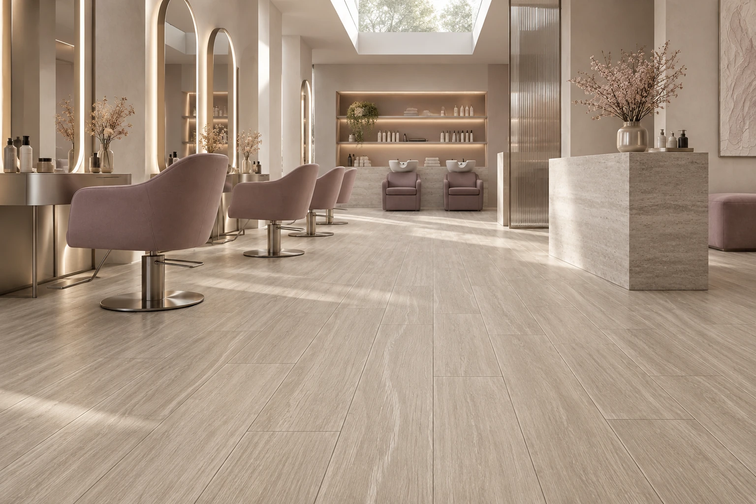 English Wood – Snowdonia wood-look porcelain tile used in high end hair salon