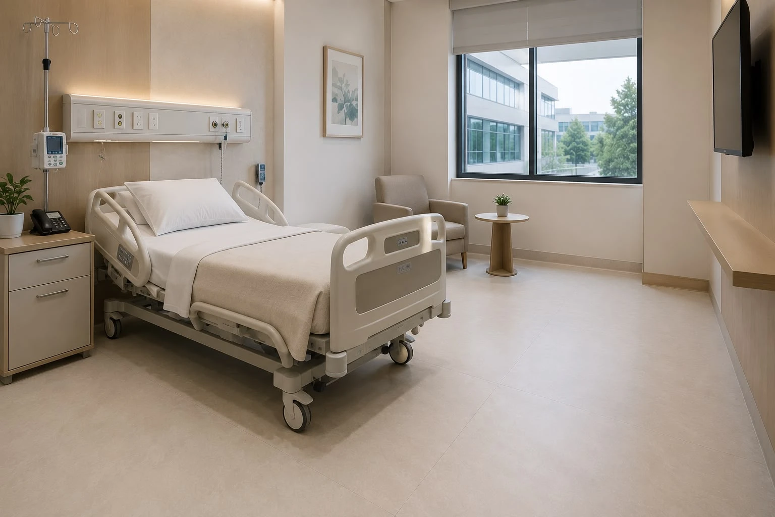 Modern hospital patient room with Goldstone anti-bacterial tile surfaces