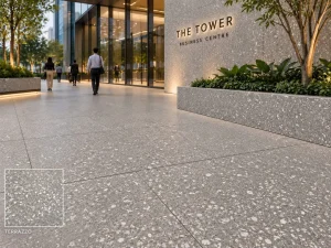 Grey terrazzo concrete entrance paving at a commercial building