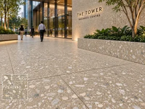 Warm terrazzo concrete entrance paving at a commercial building