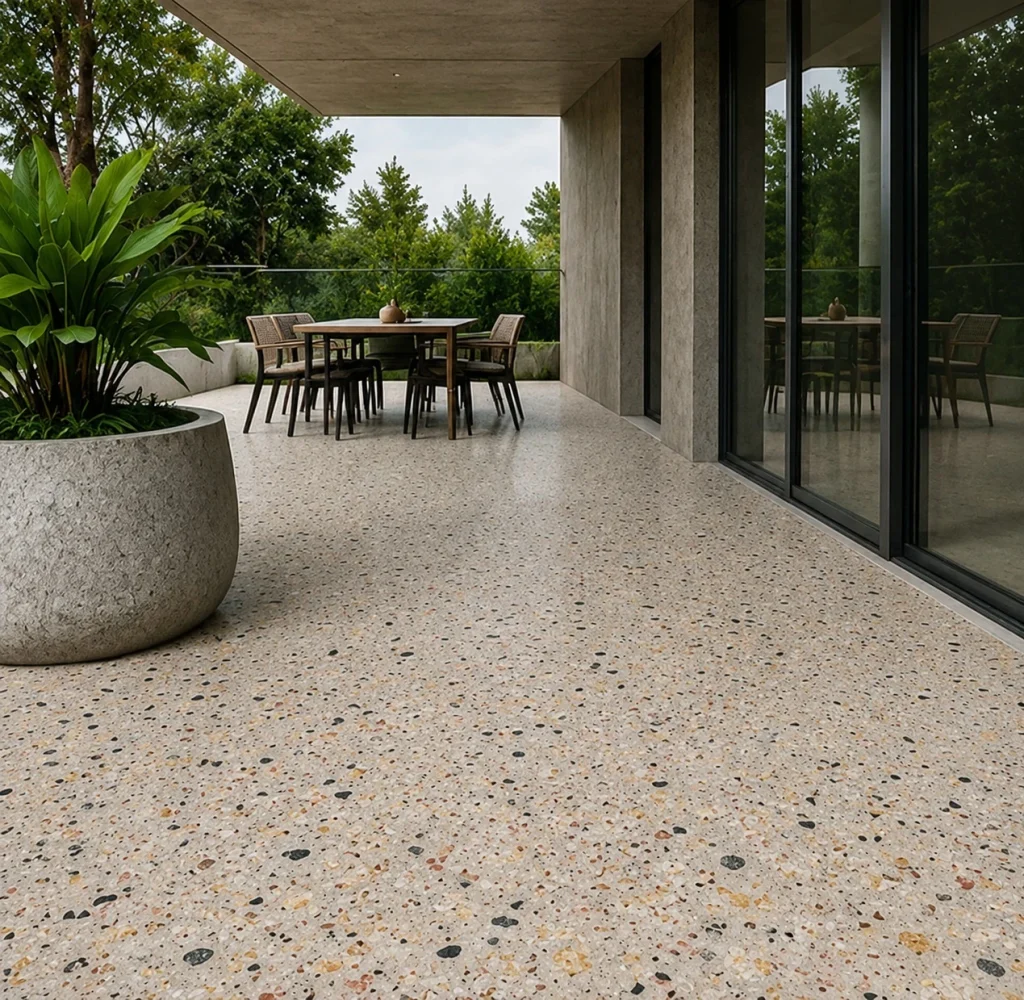 Light terrazzo concrete terrace with architectural planters