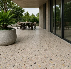Light terrazzo concrete terrace with architectural planters