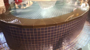 Curved dark stone coping detail with blue mosaic pool tiles