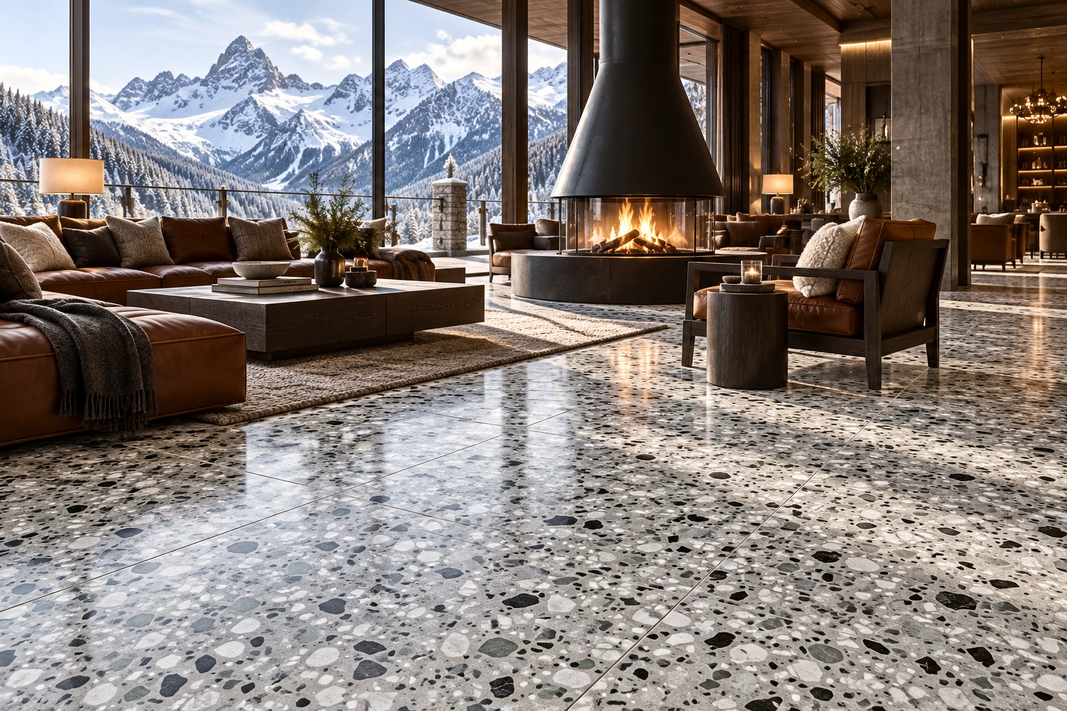 Le Ville – Foscari terrazzo porcelain tile used in alpine hotel fireplace