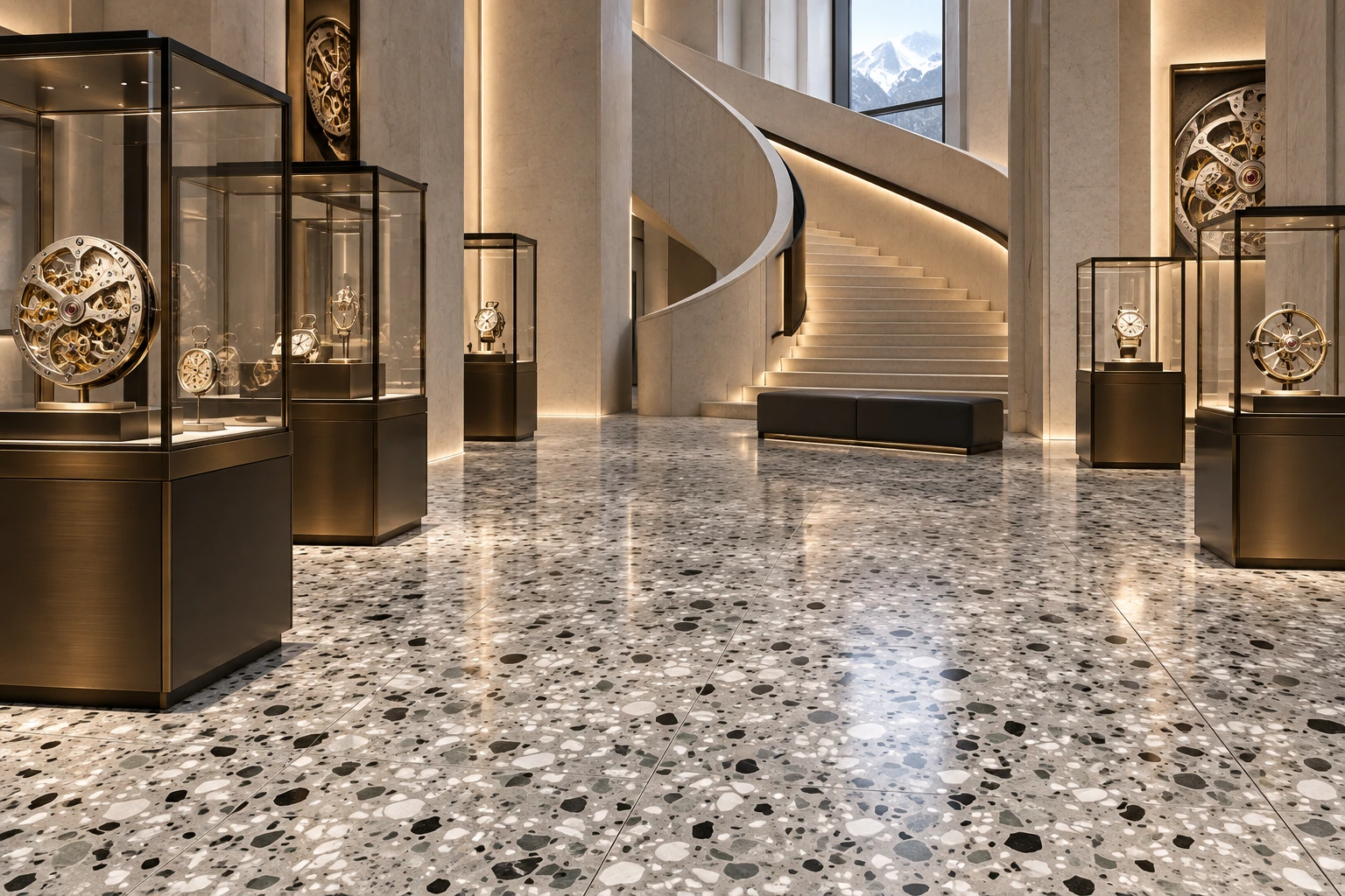 Le Ville – Foscari terrazzo porcelain tile used in watch museum