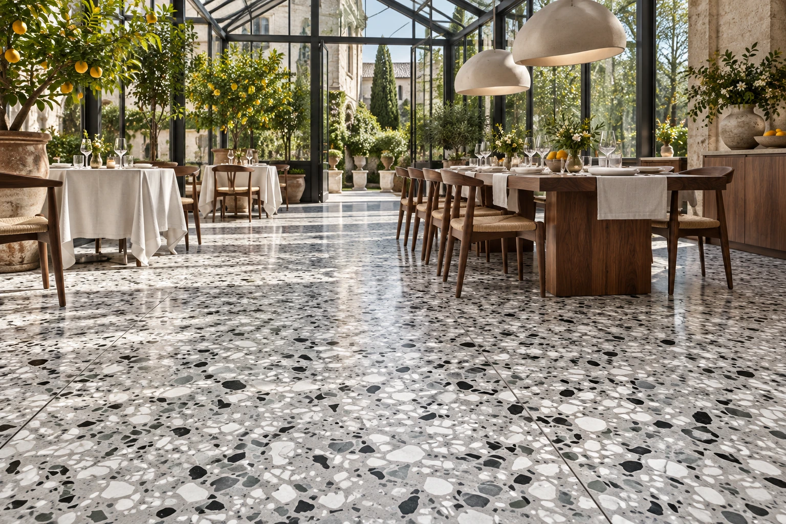 Le Ville – Foscari terrazzo porcelain tile used in chefs table conservatory