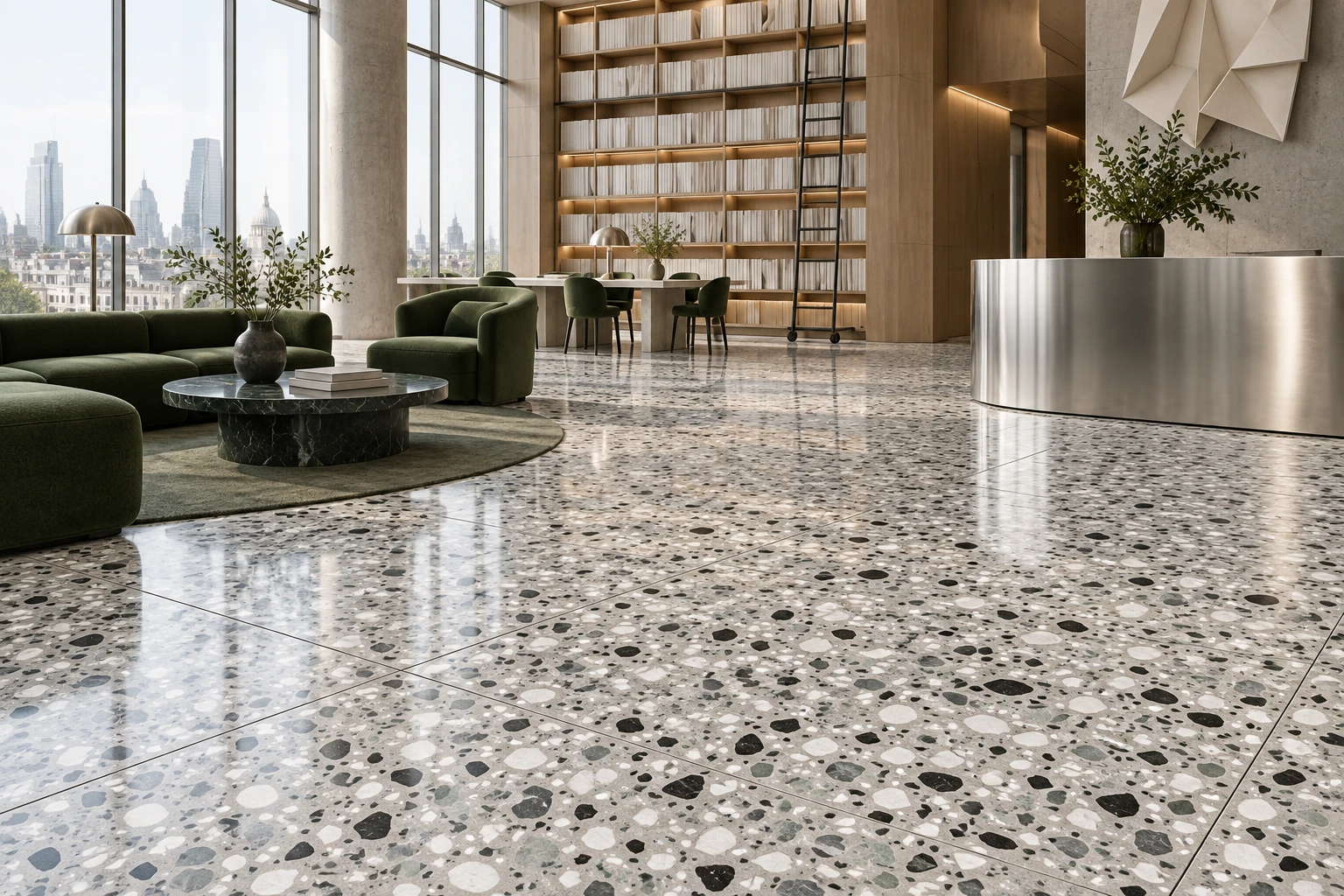 Le Ville – Foscari terrazzo porcelain tile used in publishing house lobby
