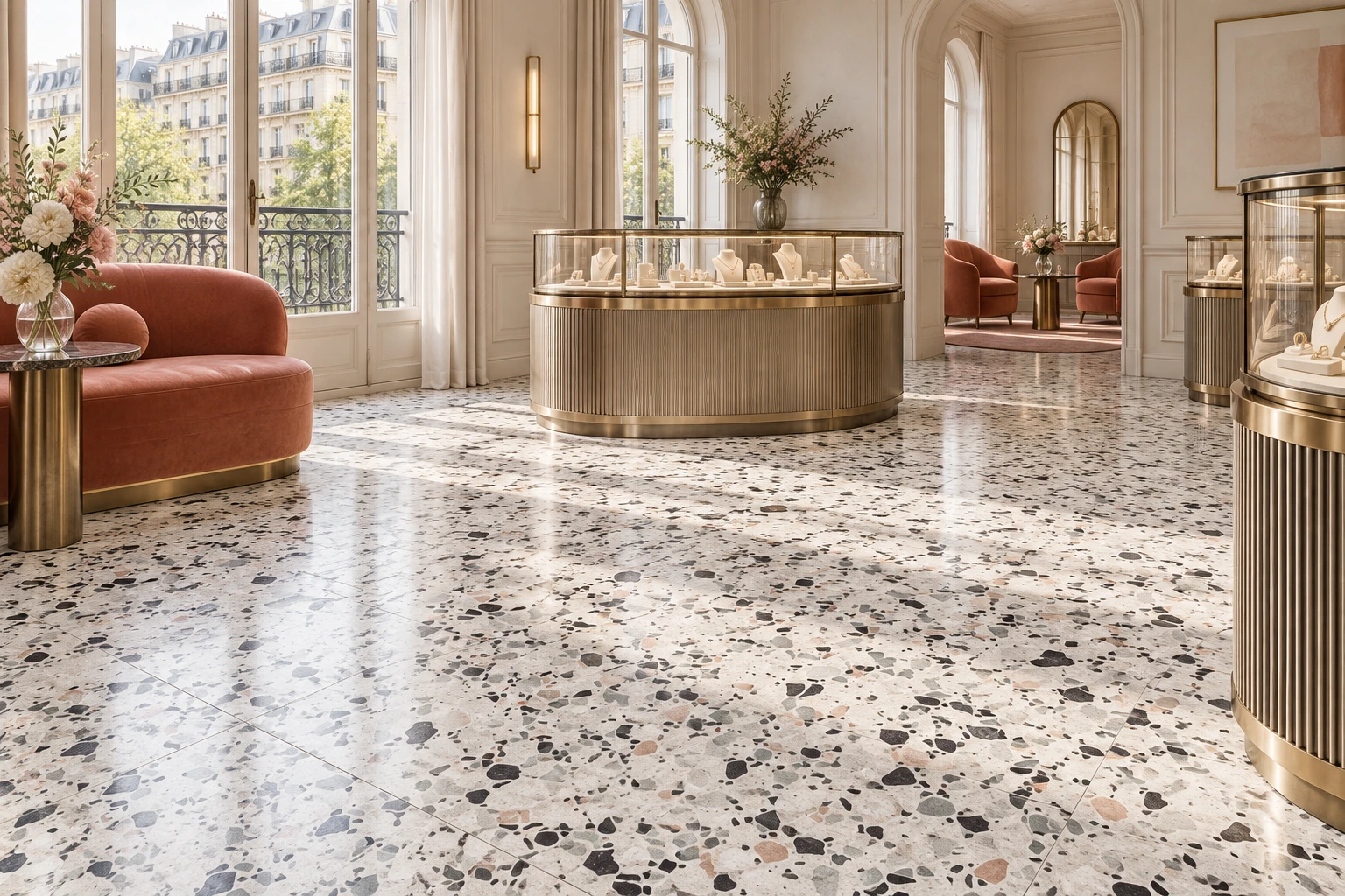 Le Ville – Pisani terrazzo porcelain tile used in jewellery salon