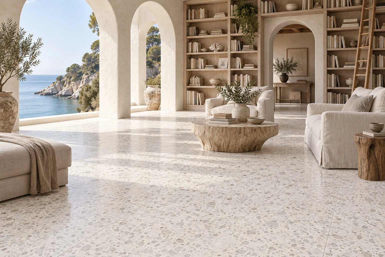 Le Ville – Trissino terrazzo porcelain tile used in coastal villa library